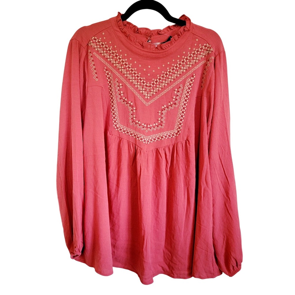 Torrid 1 Crinkle Gauze Top Rust‎ Orange Print Plus Baked Apple 1X LS Embroid NWT